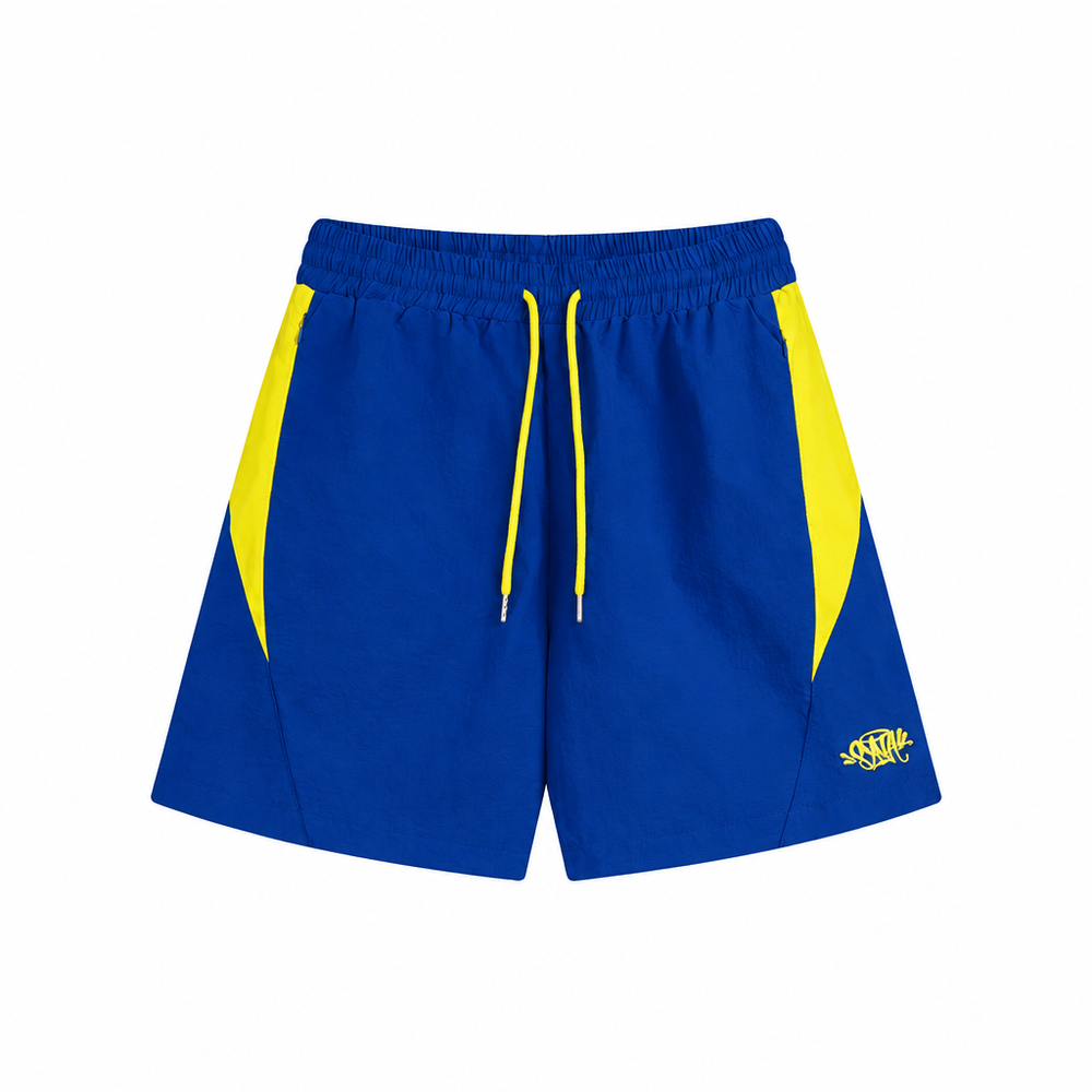 Royal blue shorts with bright yellow panels