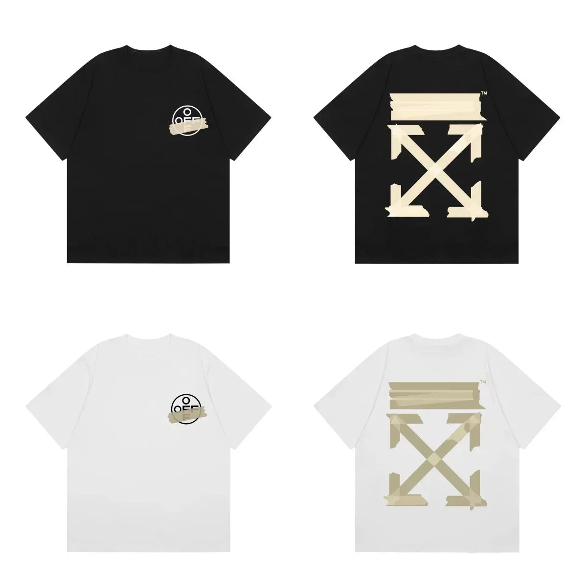 Off-White Beige Warning Tape Arrow Cross Print Short Sleeve T-Shirt