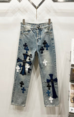 Chrome Hearts Classic Blue & Dark Blue-White Large Cross Patch Denim Jeans