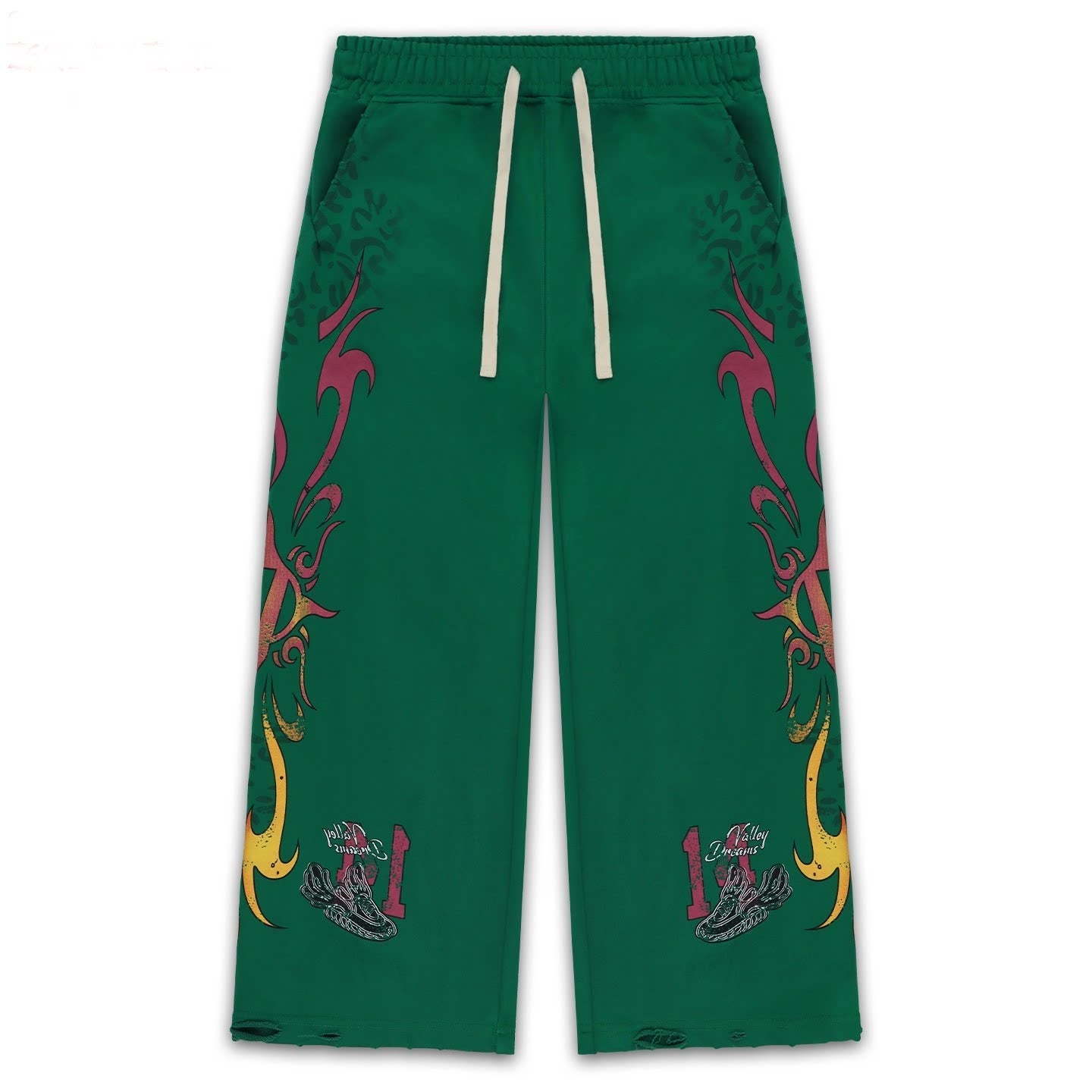 Vale Forever Green Tribal Graphic Distressed Wide Leg Sweatpants