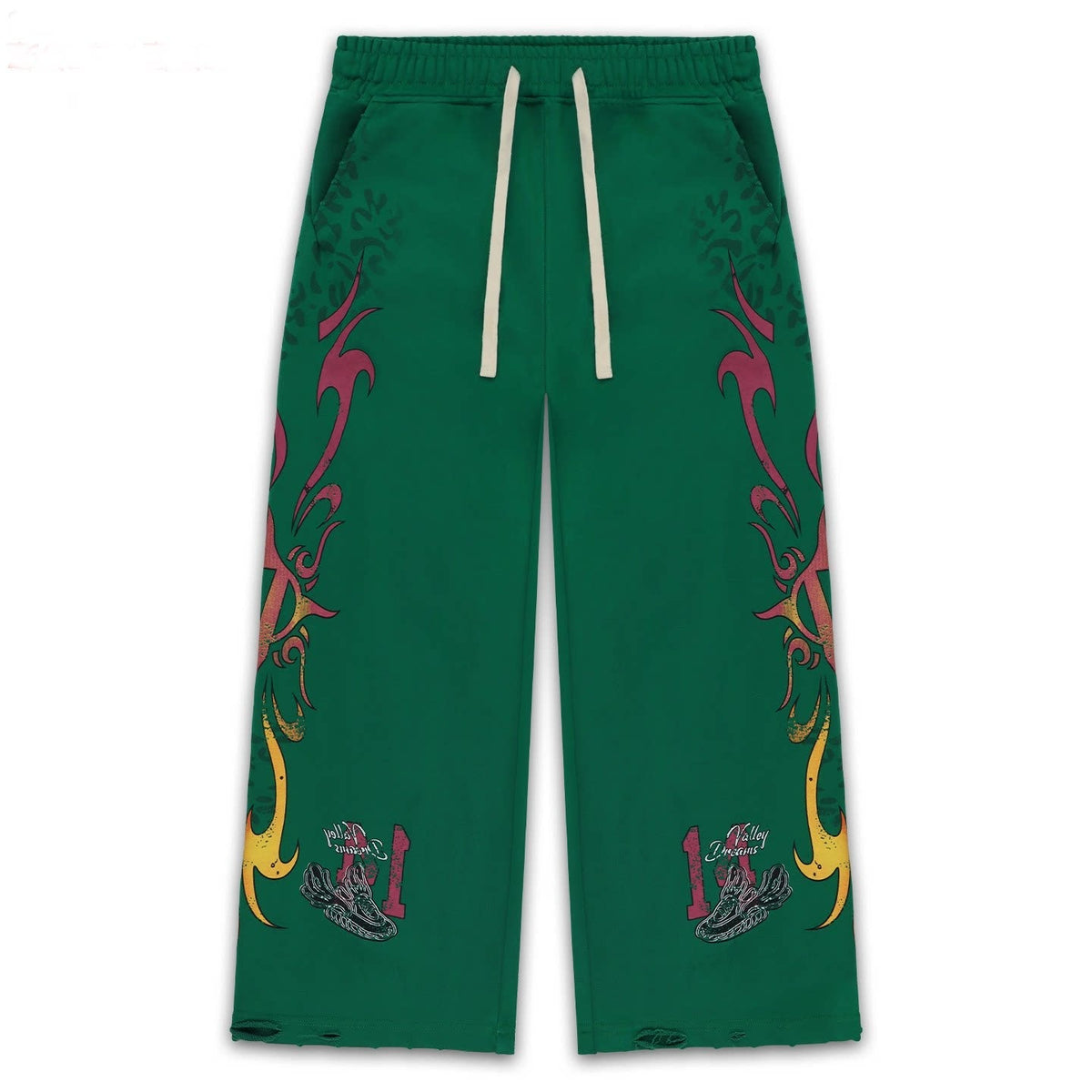 Vale Forever Green Tribal Graphic Distressed Wide Leg Sweatpants